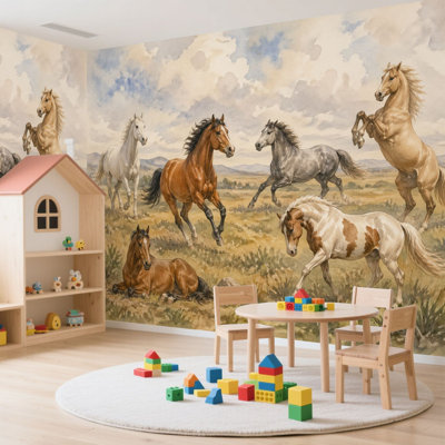 Papier peint autocollant aquarelle Chevaux qui traversent un paysage pastoral, papier autocollant amovible, décoration murale pour salon Chambre à coucher H 100 po x l 144 po