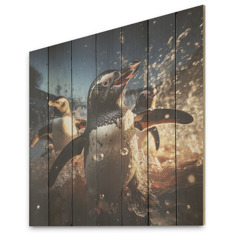 Valse de pingouin aquatique ludique - Art sur bois de pin pingouin, H 36 po x l 36 po