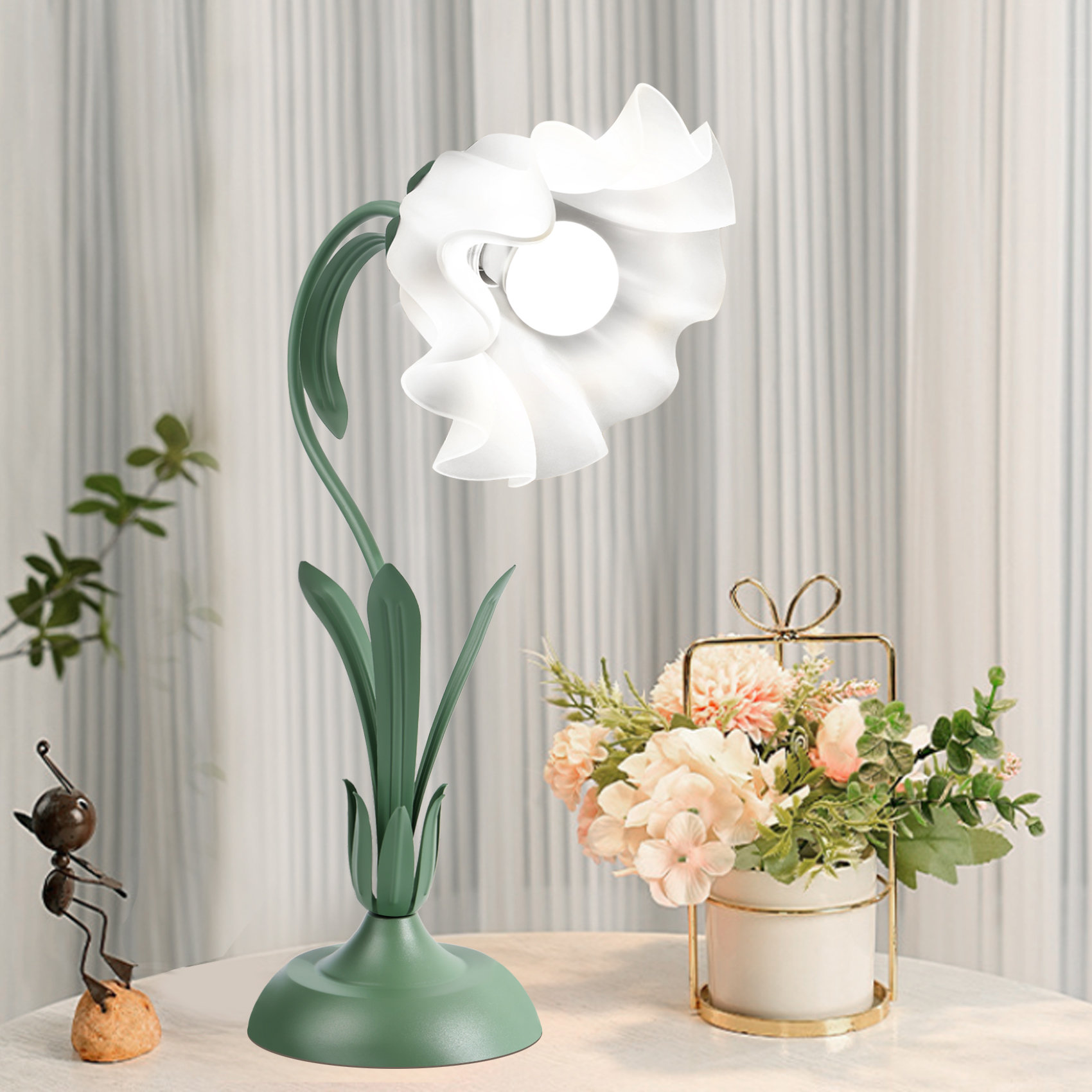Flower Table Lamp, Vintage Table Lamps, Lily of The Valley Bedside Lamp, 3 Colors Modes Nightstand Lamp, Flower Bedside Lamps, for Living Room Office Reading,Groen