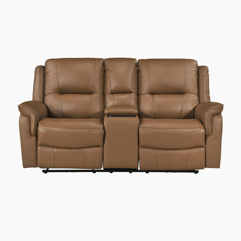 Lucien 72" Modern & Contemporary Top Grain Leather Power Double Reclining Love Seat with Centre Console, Wireless Charger, Hidden Cup Holders and Wall-Hugger Design