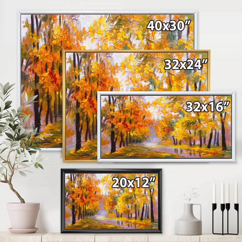 Forêt pleine de feuilles tombées en automne - peinture sur toile, H 30 po x l 40 po x 1,5 po, Cadre flottant doré