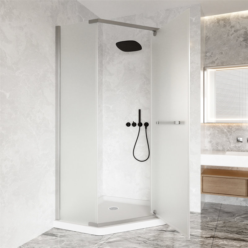 P 38 po x H 76 po Porte de douche 1/4 po ANSI en verre trempé givré, porte de douche sans cadre facile à nettoyer avec barre à serviettes réversible à gauche ou à droite.