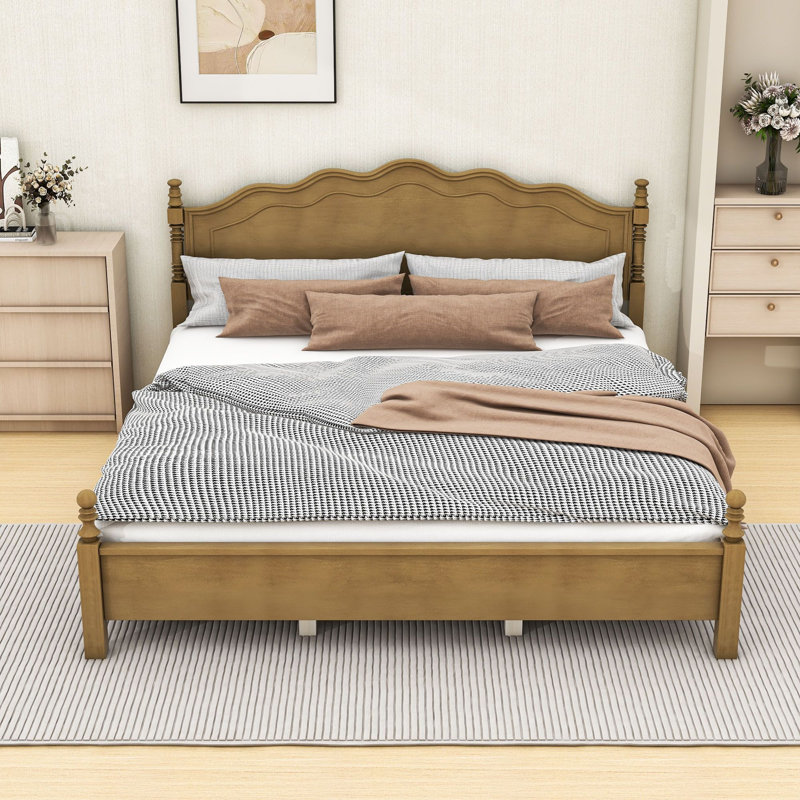 Base de lit plateforme avec tête de lit grand et courbé avec lattes en bois renforcé et pieds de soutien centraux, King