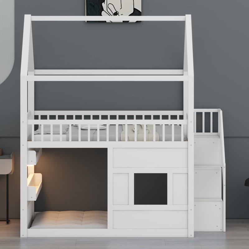 Playful House Bed Frame Equipped with Glow-Feature Shelves, White