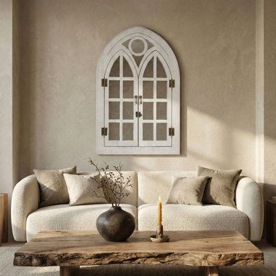 Vintage Arched Window Wall Mirror With Openable Shutters, Decorative Accent Mirror For Home