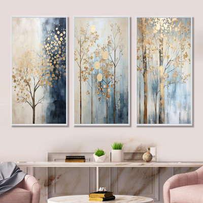 Gold And Blue Treasure Trees Scenery - Trees Canvas Prints Set Of 3