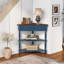 33.8'' Small Triangle Corner Table, Wood Corner Side Table For Small Spaces/ Living Room, 3 Tier End Corner Table With Solid Wood Legs, Navy Blue And Espresso Top