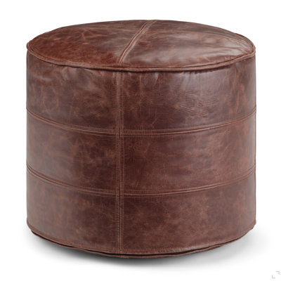 18 Inch Wide Round Pouf In Distressed Brown Genuine Leather