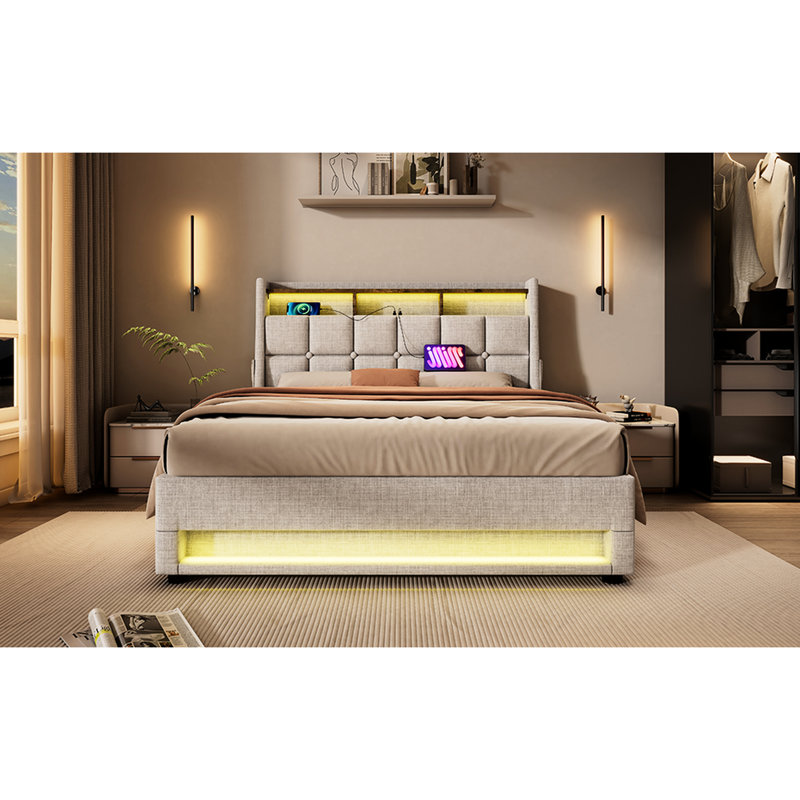 Lit double tapissier avec rangement hydraulique, DEL,  Naturel, Double