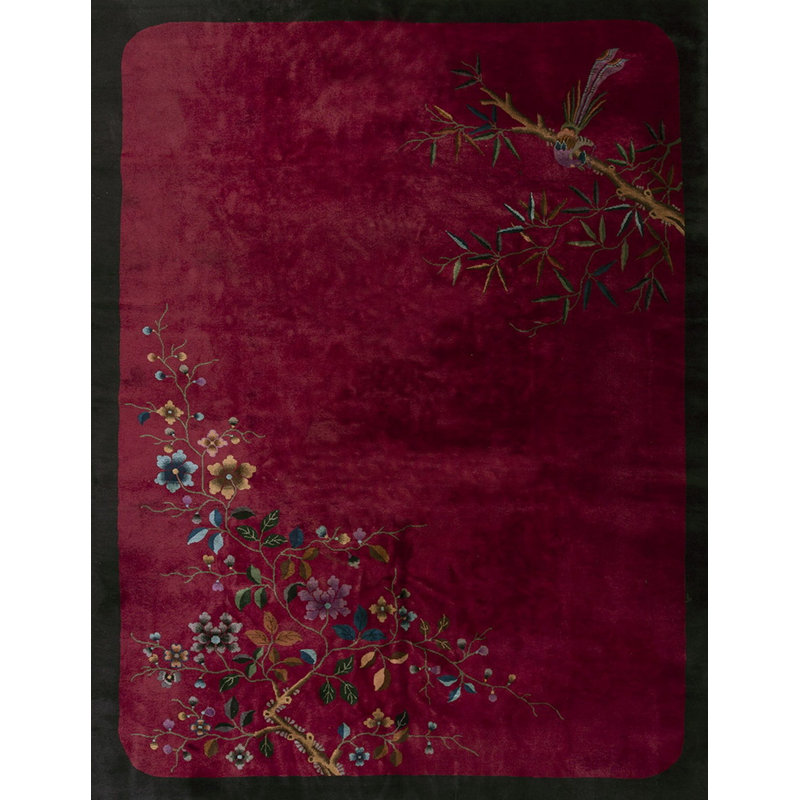Solid Open Deep Red Maroon Color Field Antique Chinese Art Deco Rug