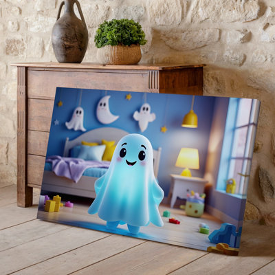 Toile, scène de chambre à coucher pour enfants fantaisiste, illuminée par un art mural coloré et doux qui illumine un fantôme sympathique
