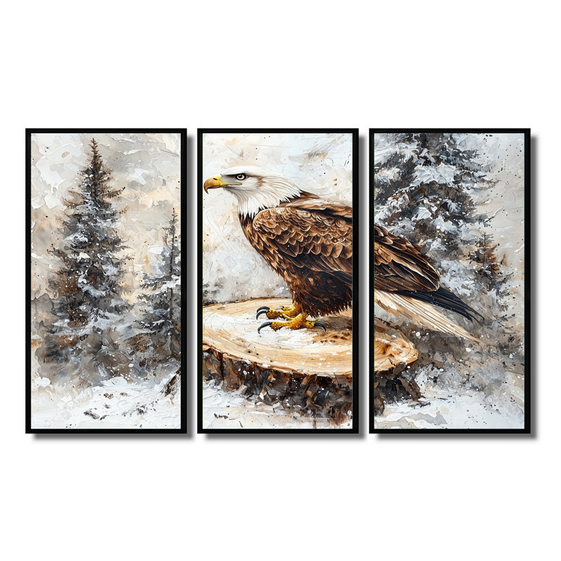 Aigle, veillée silencieuse en hiver - Art mural sur toile aigle - 3 panneaux, H 28 po x l 36 po, Noir