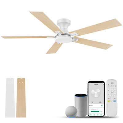 52 in.5 - Blade Smart Outdoor Indoor White Ceiling Fan with LED Lights, Remote, Voice Control via Alexa, Dimmable, 6 speeds