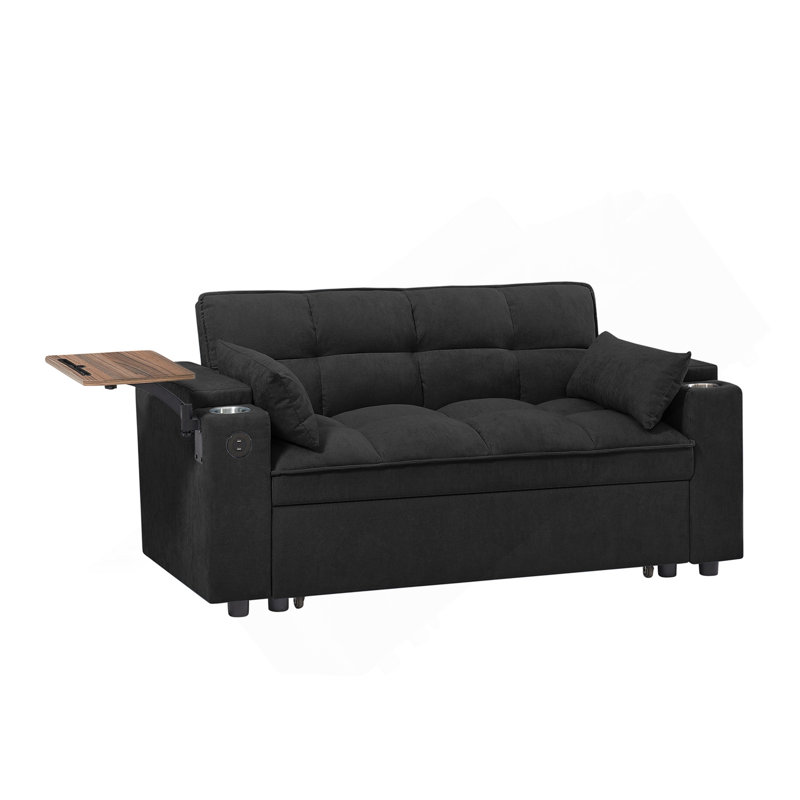 Canapé-lit en chenille noir avec accoudoirs avec rangement, port USB et table d'appoint, Noir