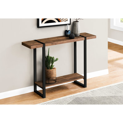Console de salon rectangulaire - Stratifié brun, pieds en métal, touche rustique, rangement supplémentaire en métal noir stratifié, rangement, hauteur de 32 po, longueur 47,34 po