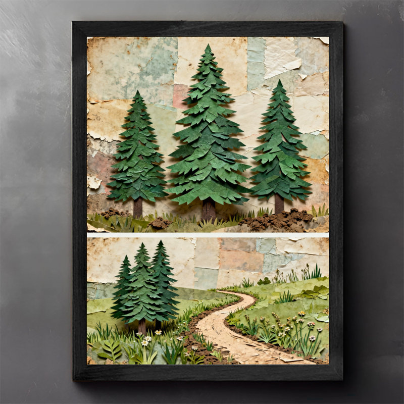 Reproduction d'art encadré noir avec pin rétro et sentier forestier, H 11 po x l 9 po