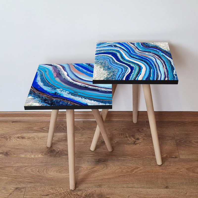Elegant Marble Nesting Table Set (2 Pieces), Abstract Design, 13.8 x 18.5 x 13.8 inches & 13.8 x 16.5 x 13.8 inches | 100% MDF with Beech Wood Legs, Sturdy & Stylish for Living Room, Modern Home Décor