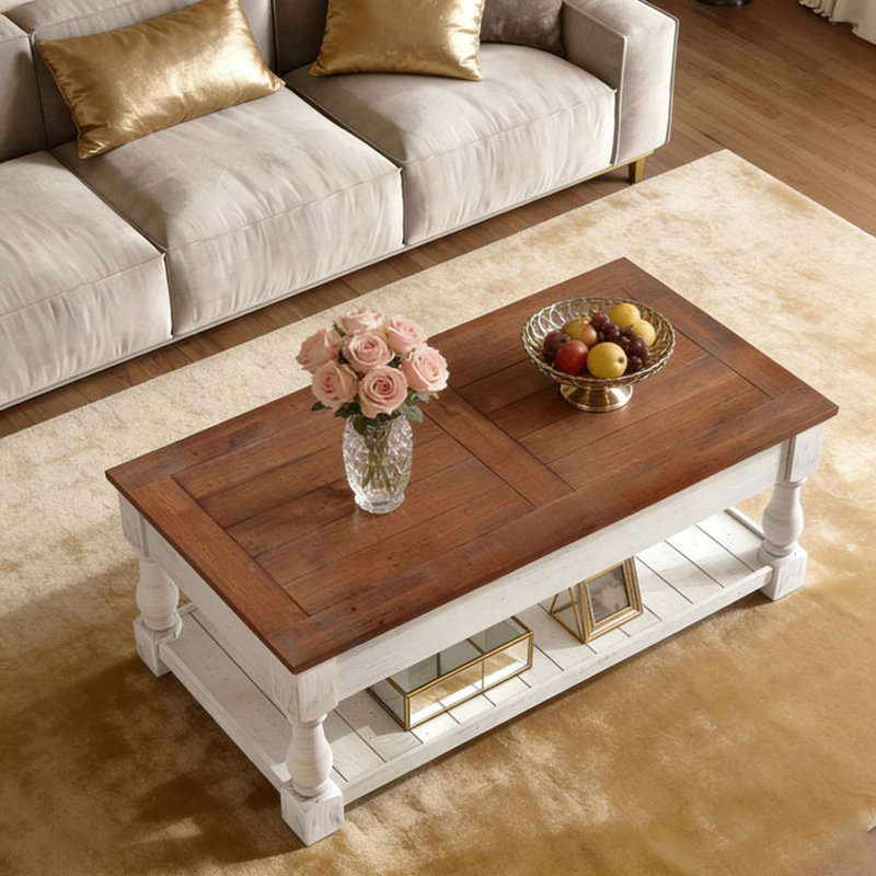 Retro Lift-Top Coffee Table Hidden Compartment Lower Storage Shelf, Antique White, Antique Espresso