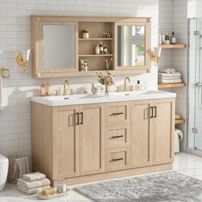 59" Double Bathroom Vanity with Integrated SMC Double Sink, Modern Freestanding Cabinet with 4 Soft-Close Doors, 3 Drawers & Adjustable U-Shaped Shelves, Black Handles