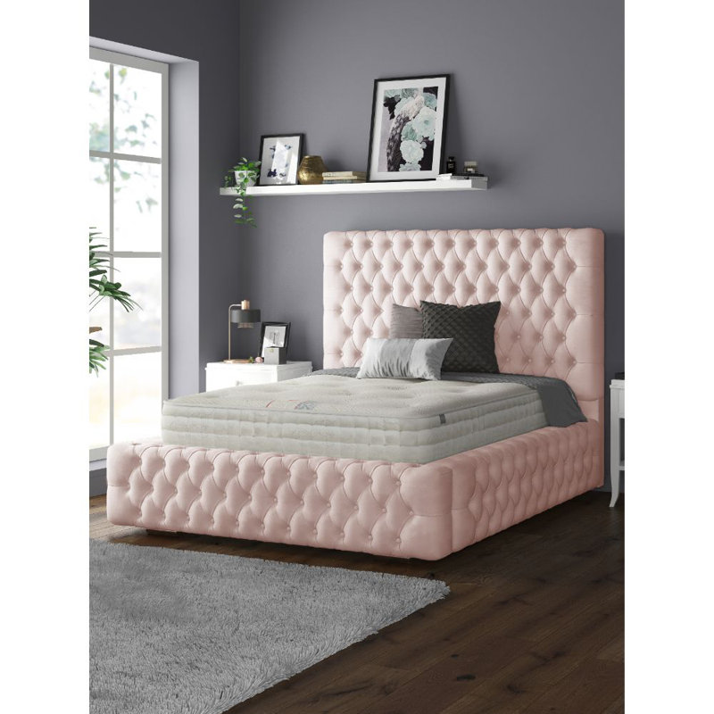 Clovis Upholstered Bed, Double (4'6), Pink, Plush Velvet