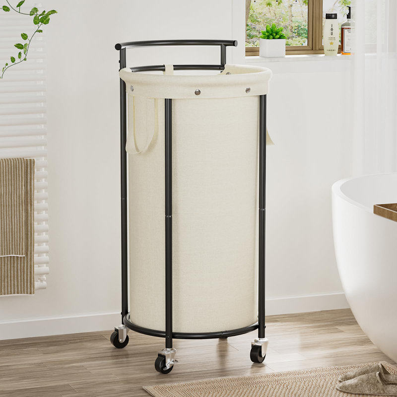 Laundry Hamper With Wheels,Round Iron Laundry Cart With Steel Frame And Handle,Rolling Laundry Basket With Removable Bag,(Beige/110L)