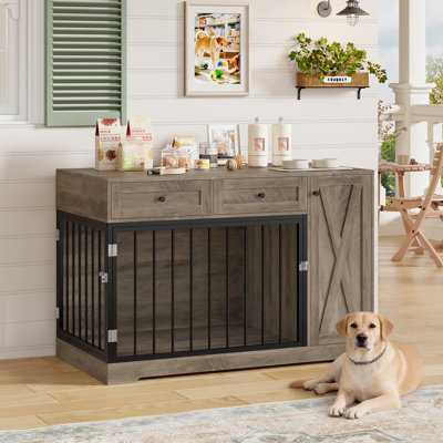 Ansel 47.2" Dog Kennel Console Table | Wooden Crate Furniture with 2 Storage Drawers & Feed Cabinet