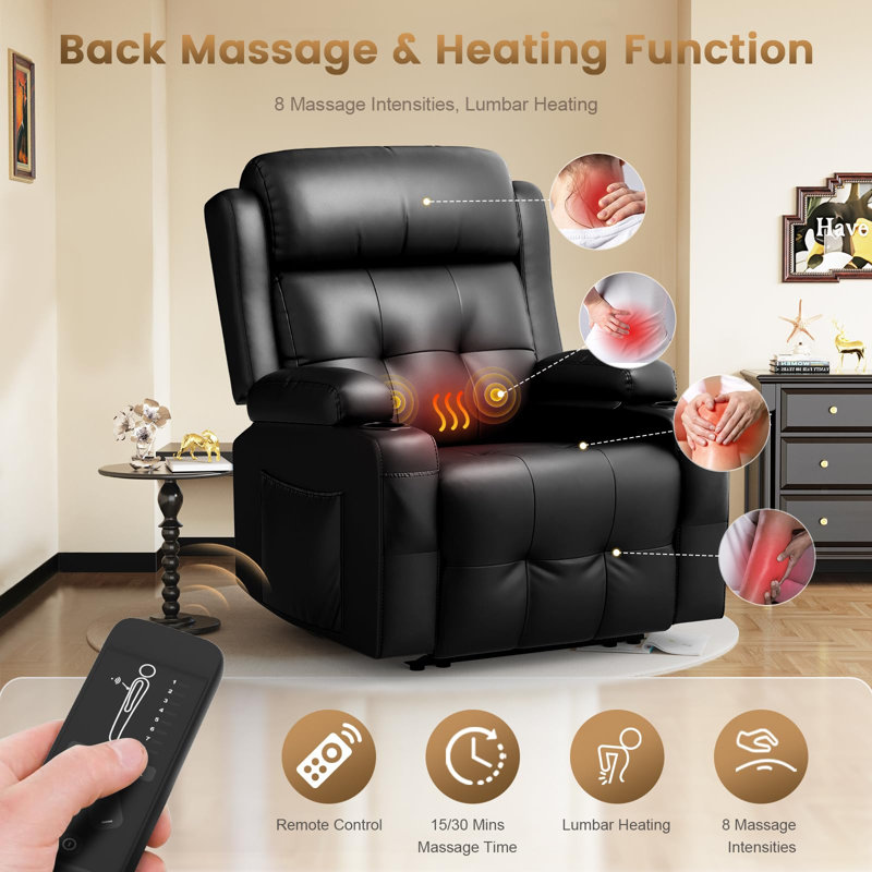 Fauteuil de cinéma maison, canapé inclinable électrique une place avec massage et chauffage, porte-gobelets, Noir