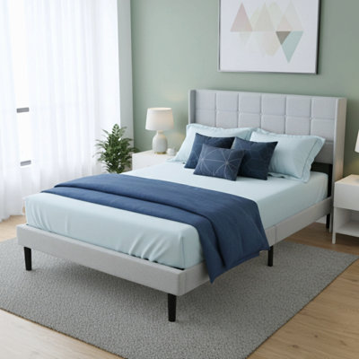 Platform Bed Frame, Upholstered Tufted Headboard With Solid Wood Slat Support