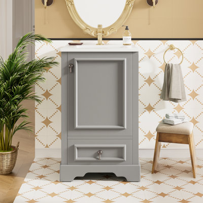 Modern Bathroom Vanity With Ceramic Sink, 20w X 18.3d X 34h Inches, Grey, Soft Close Door, Storage Drawer