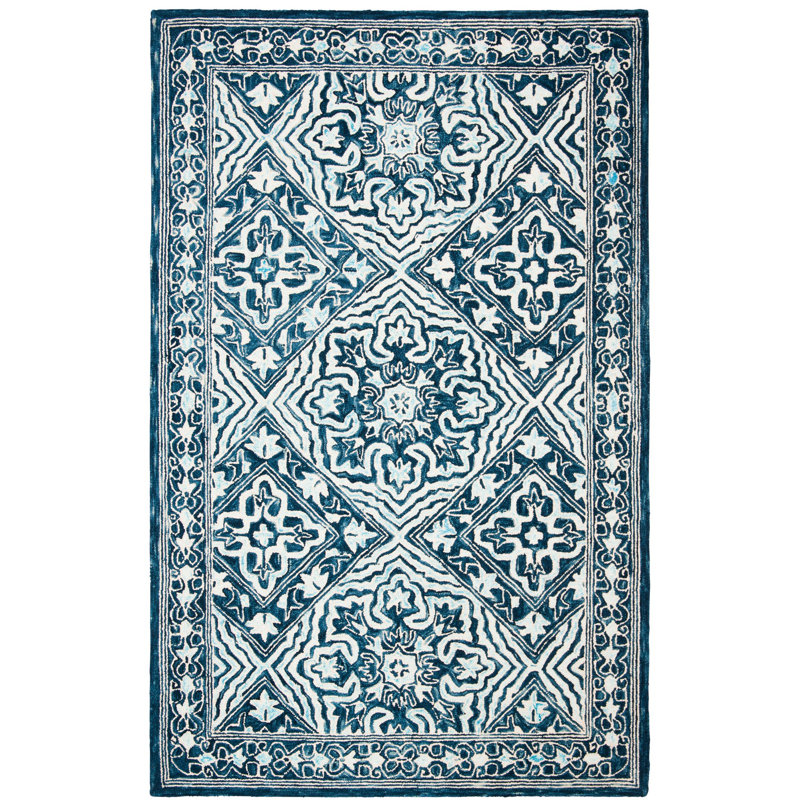 Tapis bleu marine / bleu clair en laine Rubalcava, Rectangle de 5 pi x 8 pi