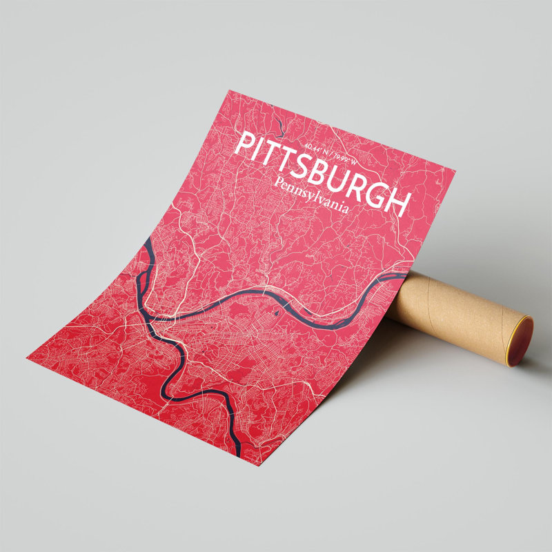 Pittsburgh City Map, impression, Rouge / Bleu marine, H 20 po x l 16 po