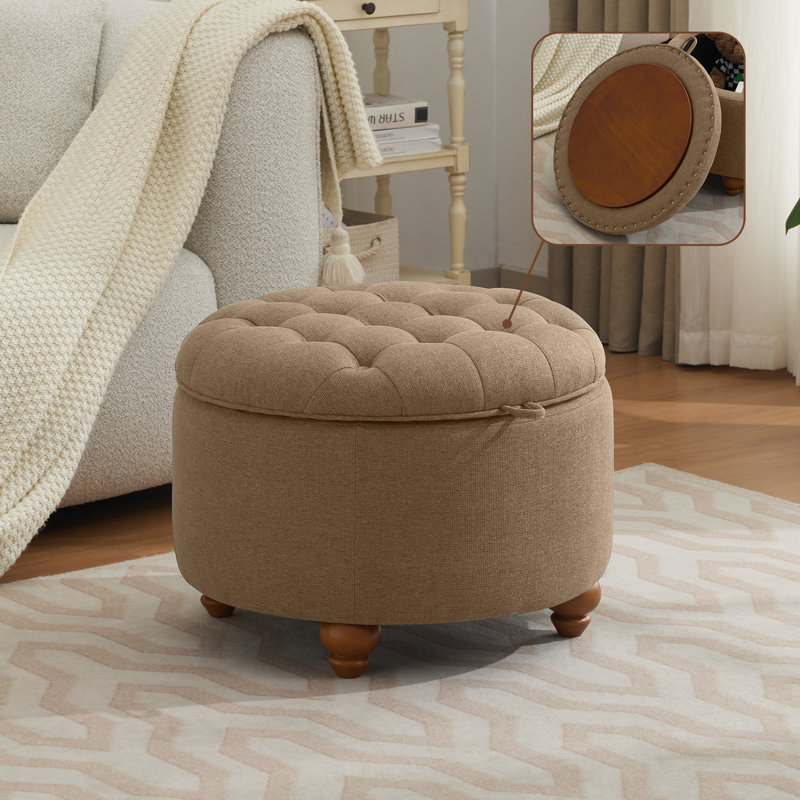 24’’ Wide Upholstered Tufted Round Storage Ottoman, Brown Linen