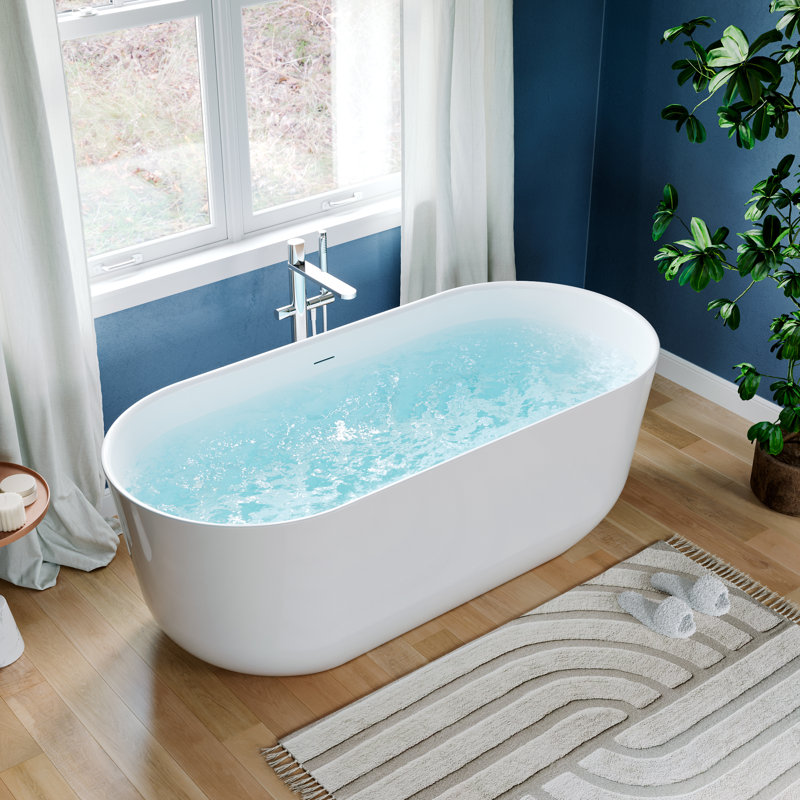Baignoire autoportante moderne en acrylique 59 po - Baignoire de trempage blanche brillante avec bonde pré-percée et trop-plein