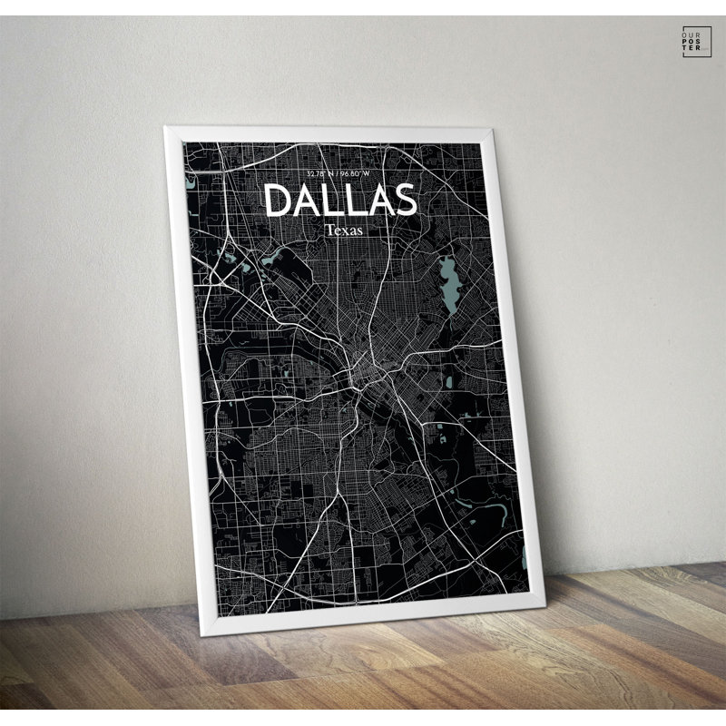 « dallas city map », reproduction d’impression sur affiche en minuit, H 20 po x l 16 po