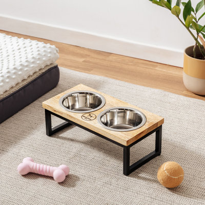 Park Life Designs Hearth And Haven Mango Wood And Stainless Steel Elevated Dog Bowl Set In Brown