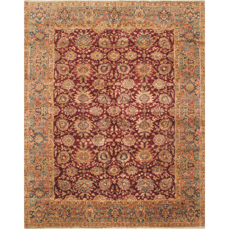 Tapis bourgogne / orange en laine noué à la main Crown, Rectangle 12 pi 4 po x 15 pi 6 po