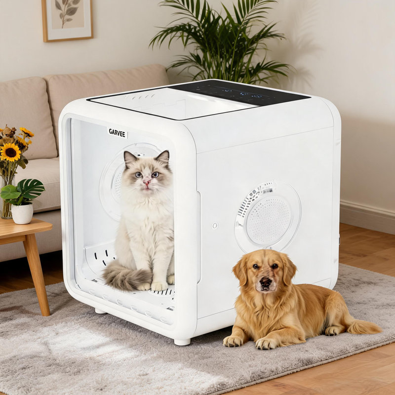Bac de séchage automatique de 72 L pour chats et chiens - Souffleur de toilettage efficace à 360° - 5 sorties d'air - Ions négatifs - Contrôle intelligent et silencieux de la température - Affichage DEL et porte magnétique