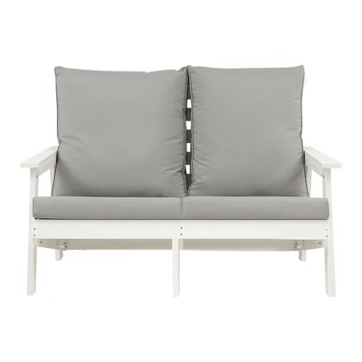 Loveseat With Cushion, Wood Grain Outdoor Garden Sofa,White/Grey