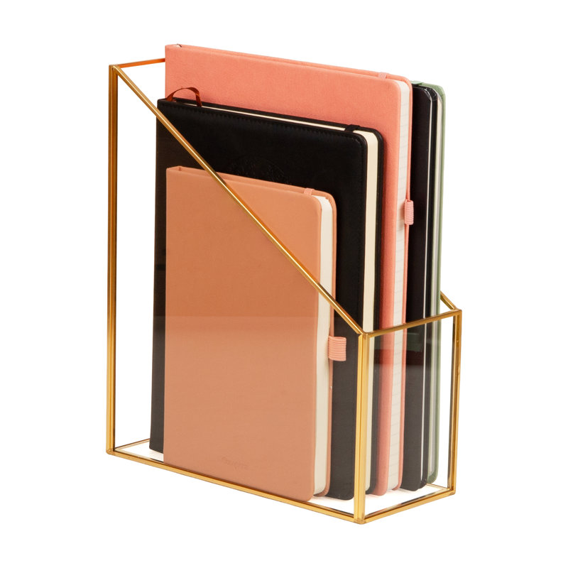  Porte-classeur vertical en verre avec bordure en cuivre, organisateur de magazines en angle pour documents, dossiers et courrier, verre et cuivre, transparent