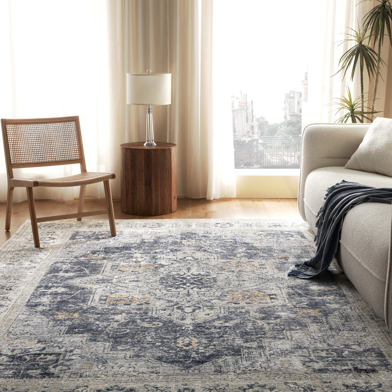 Tapis d'intérieur lavable bleu à médaillon rétro, Rectangle de 5 pi x 8 pi, Sarcelle