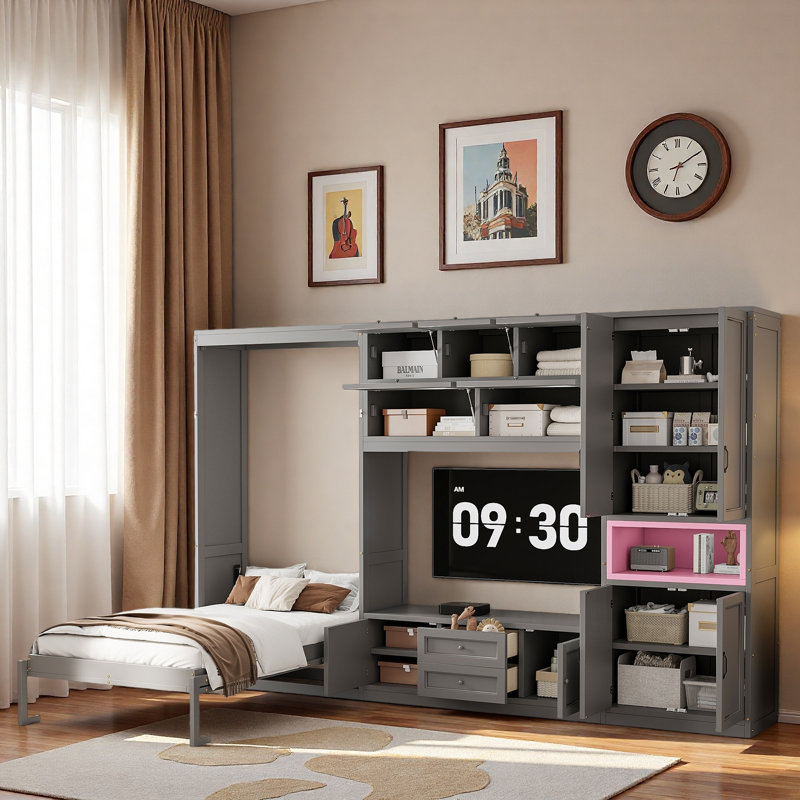 Lit escamotable avec meuble télé, 2 tiroirs et espace de rangement, Gris