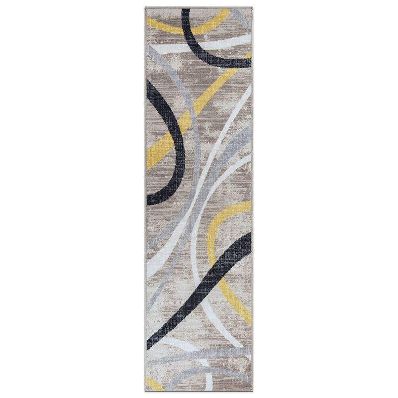 Tapis contemporain à lignes abstraites patinées antidérapantes, Tapis de couloir 1 pi 10 po x 7 pi