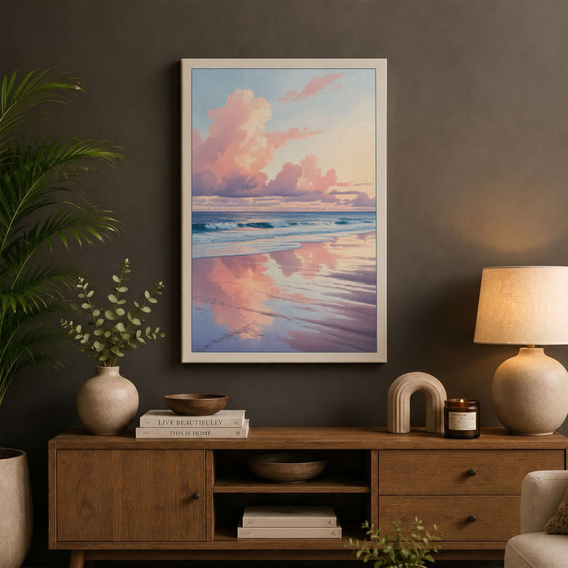 Dawn Beach Reflections Coastal - Wrapped Canvas, 36x24 - 91.4 x 61.0 cm, Ochre Border