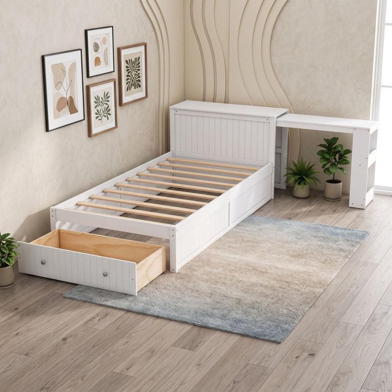 Twin Platform Bed with Integrated Desk and Storage Shelves, Drawer, Blanc