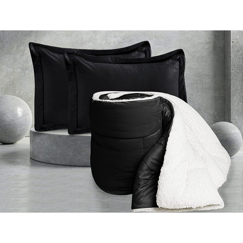 Mocassi Solid Sherpa Geometric Shapes Comforter, Black, Twin Comforter + 1 Standard Sham