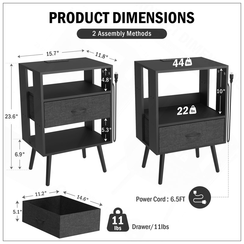 2 Pack Modern Nightstand With Charging Station, LED Light, And Fabric Drawers For Enhanced Convenience And Storage, Black