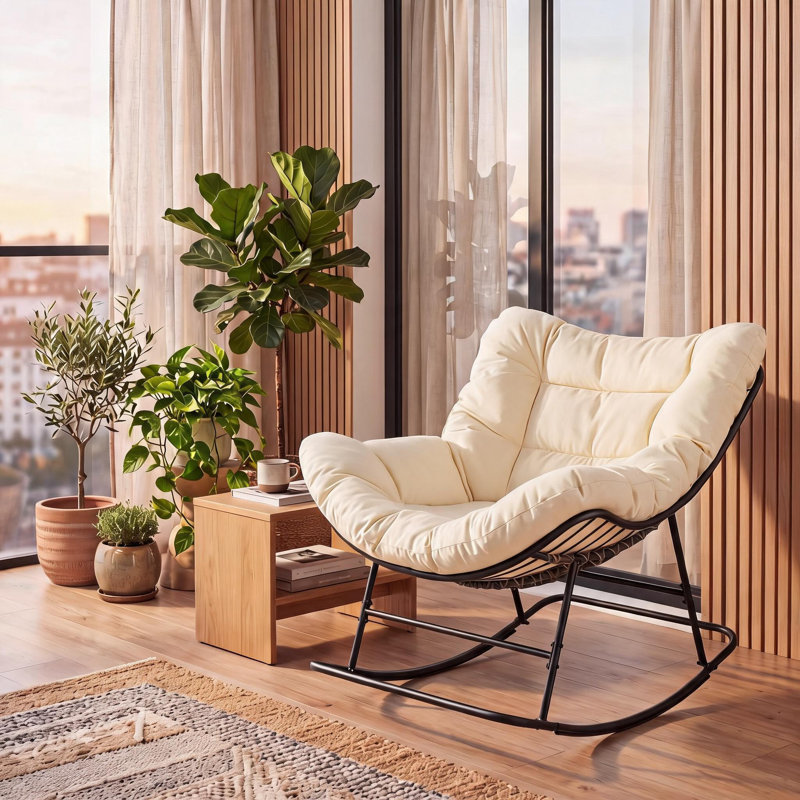 Fauteuil à bascule Papasan surdimensionné en forme d'œuf, capacité de 204 kg, pivotant, coussin épais, beige, idéal pour terrasse, porche et balcon.