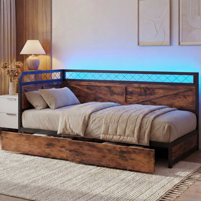 Industrial Corner Daybed With LED Lights & Storage Drawer - Twin Size, 900Lb Capacity