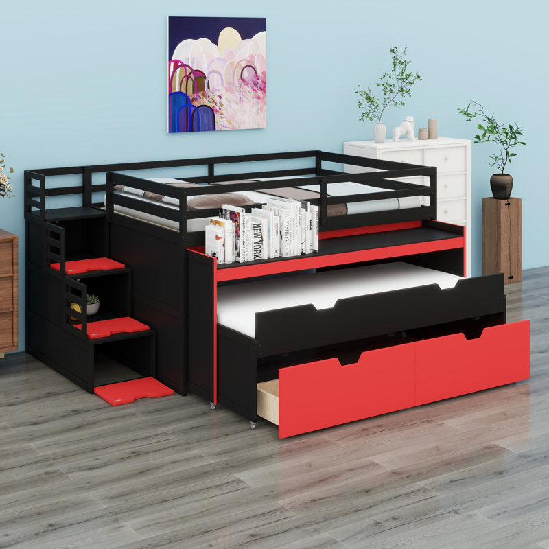 Structure de lit mezzanine peu encombrante avec bureau coulissant, lit gigogne et tiroirs de rangement intégrés, Black+Red