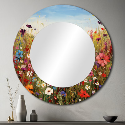 Fleurs colorées colorées Meadow Blooms I - miroir à fleurs sauvages, miroir mural décoratif rond traditionnel, impression d'art en métal